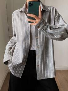 Livesso 女士宽松休闲/商务条纹长袖衬衫，适合春、夏、秋季穿着 - 霧霾藍 - 查看 2