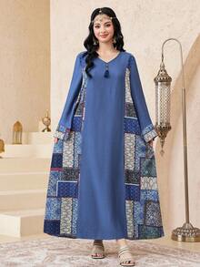 SHEIN Teen Girls' Blue Vacation Casual V-Neck Long Sleeve Dress, Loose Arabic Style V-Neck Dress, Girls' Spring Autumn Dress, Everyday Wear, Arabic Jalabiya Dress Teen Modest Dress Long Modest Dresses - Blue - View 7