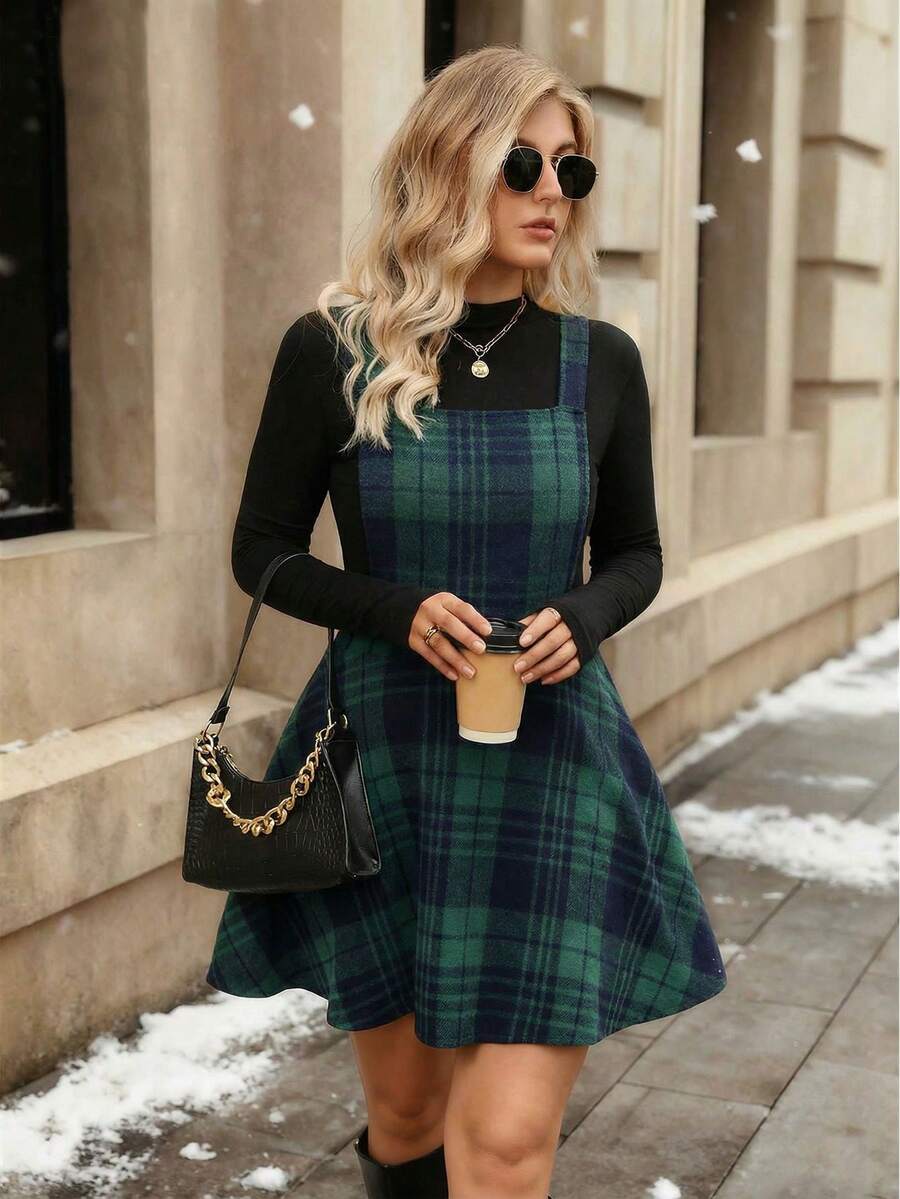 EMERY ROSE Váy kẻ caro cổ điển cỡ lớn màu đỏ, thích hợp mặc trong các dịp lễ, Giáng sinh và năm mới, váy ngắn có dây đeo thời trang, lưng chéo, váy kẻ caro lãng mạn cổ điển - màu xanh lá - Xem 1