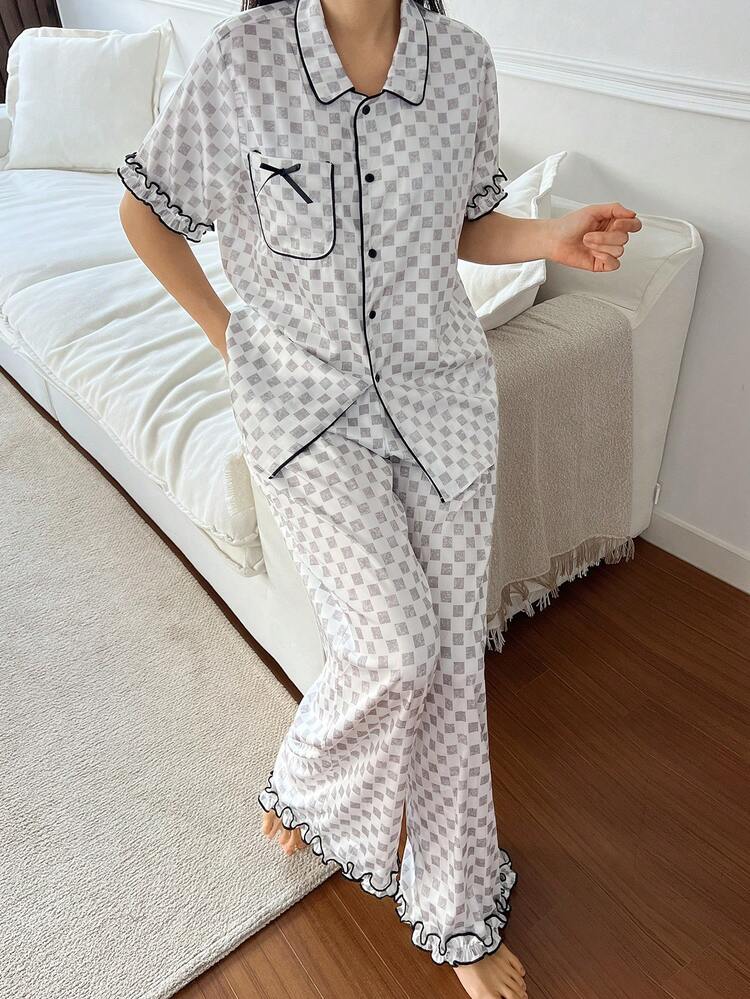 Cute Bow Decor Plaid Contrast Trim Women Pajama Set