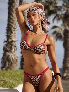 Swim Vcay Women's Leopard Print Bikini Set,Contrast Red Mini Cup Bandeau Strapless Swimwear,Summer Casual Beach Vacation Holiday Outfits For Woman,Tan - Multicolor - View 5