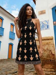 CAJUNI Sleeveless, Slim-Fitting, Fashionable Fish Print Halter Neck Tie Dress For Summer. Fish Print Dress - Black - View 4