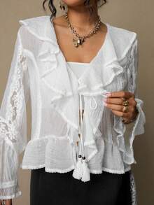 Freevana Plus Size Women Ruffle Hem Front Tie Elegant Blouse Boho Blouses White Boho Top Blouse Summer White Cover Up Top - White - View 1