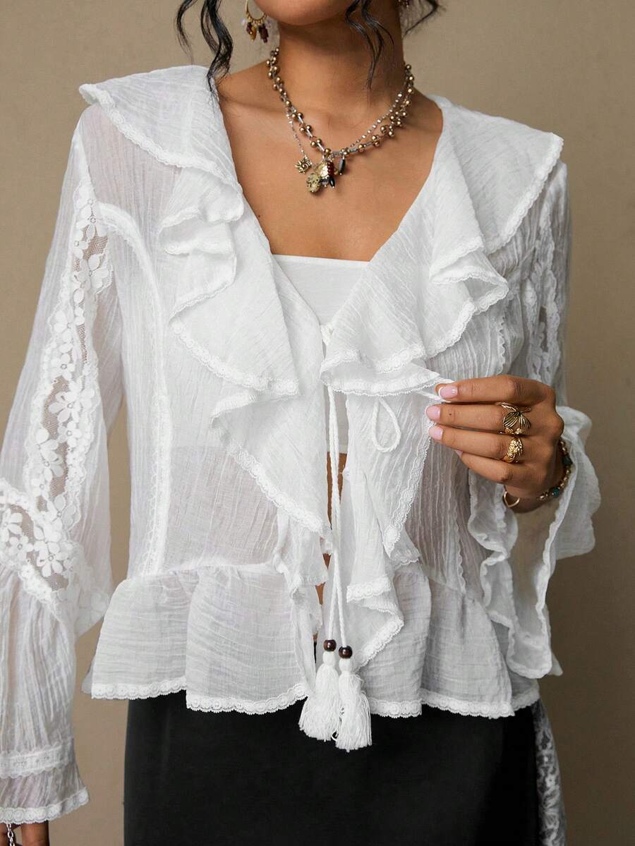 Freevana Plus Size Women Ruffle Hem Front Tie Elegant Blouse Boho Blouses White Boho Top Blouse Summer White Cover Up Top - White - View 1