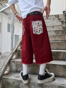 Manfinity EMRG Men's Fashion Frayed Hem 3/4 Denim Shorts Red Jean Shorts Men - Red - View 3