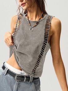 Bohemela Áo tank top dệt kim màu trơn dáng ngắn, đã giặt, dành cho nữ - Xám - Xem 4