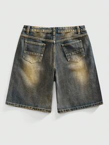 ROMWE MEN Street Life Men's Fashionable Rhinestone & Rivet Decor Vintage Washed Denim Shorts - Medium Wash - View 2