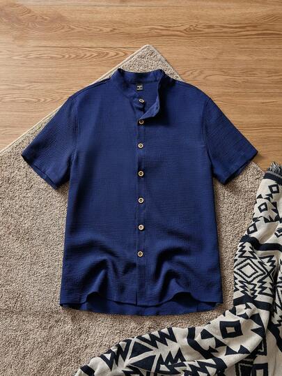 SWAVVY 男士休闲梭织立领短袖衬衫男蓝色衬衫男短袖衬衫男立领衬衫深蓝色衬衫海军蓝男士衬衫