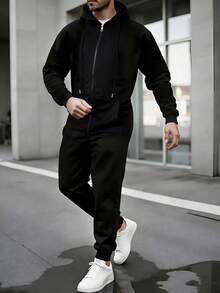 Manfinity Homme 男士休闲日常通勤纯色拉链抽绳连帽连体裤，春秋季男士运动服，男士慢跑服，男士连体裤，男士复古风，适合日常休闲、周末旅行、户外活动、探险旅行、轻松的工作环境或半正式场合，可作为男友/丈夫礼物、周年纪念/生日礼物、派对礼物、圣诞节礼物、新年礼物。 - 黑色 - 查看 6