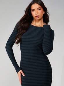 MISSGUIDED Đầm maxi dài tay ôm sát kẻ sọc ngang, thích hợp mặc mùa đông thu, kiểu dáng thường ngày, thanh lịch, dài đến mắt cá chân, cổ tròn, chất liệu dệt kim gân. - Nhiều màu - Xem 3