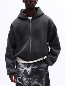 SUMWON Men Zip Up Hoodie Full Front Print Text Casual Streetwear Style Long Sleeve Hooded Sweatshirt Fall Winter - Dark Grey - View 4