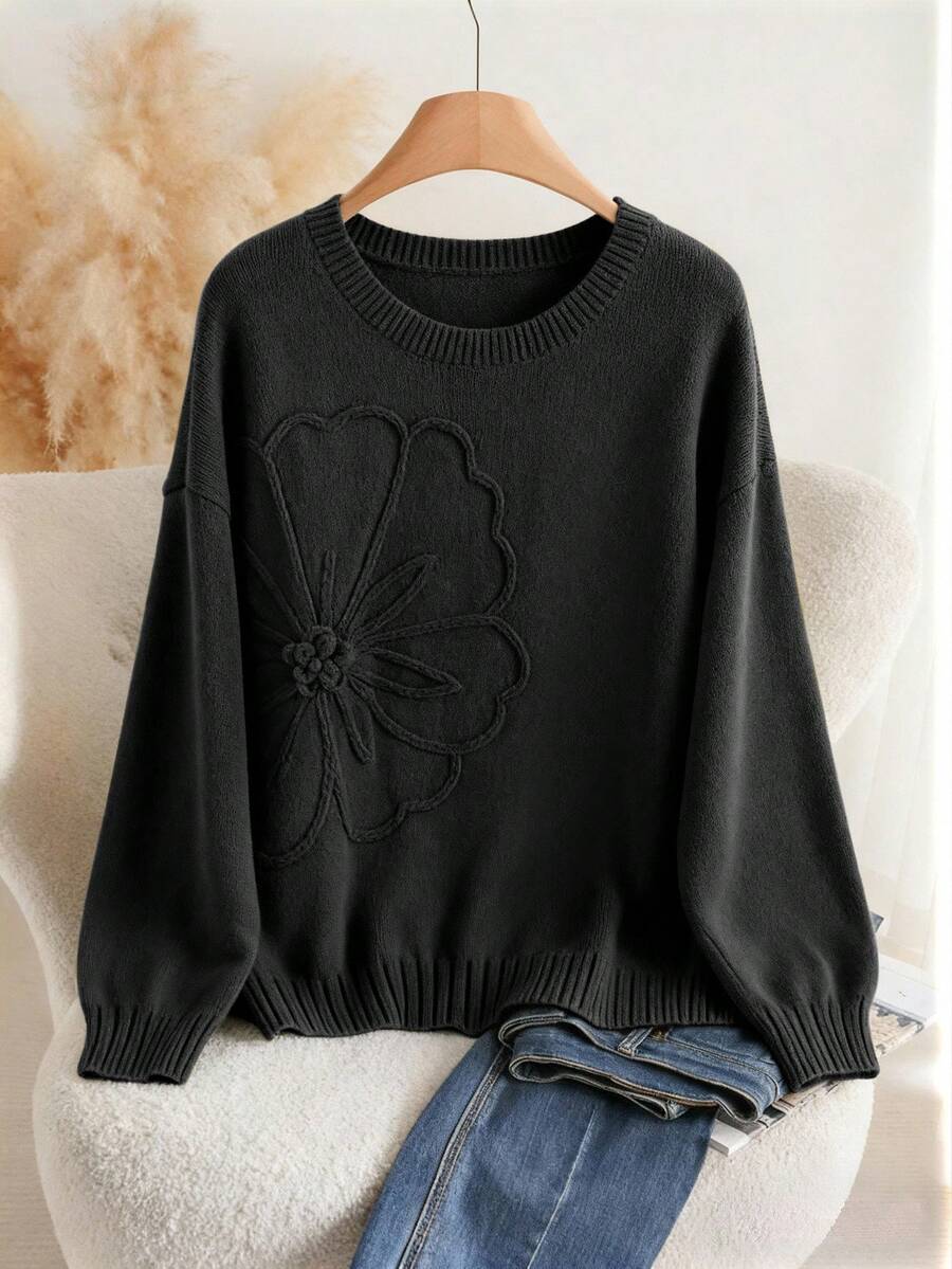 Franclia Plus Size Women's Black Sweater,Fashion Embroidered Pullover Top,Solid Color Autumn Jumper,Versatile Smart Casual Commuting & Vacation Pullover - Black - View 1