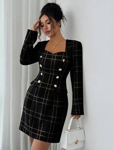 SHEIN Elenzya Đầm ngắn tay dài cổ tim bằng vải tweed thanh lịch dành cho nữ, thích hợp cho mùa thu. - màu đen - Xem 3
