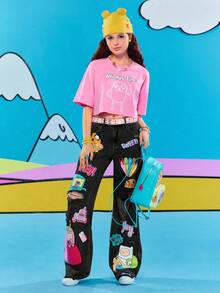 Adventure Time X ROMWE Women Casual Ripped Cartoon Graphic Loose Fit Jeans - Grey - View 2