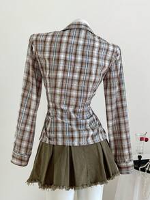 Elamini Áo sơ mi nữ tay dài, cổ bẻ, cài cúc phía trước, màu hồng kẻ caro, chất liệu cotton, dáng ôm, có túi ngực, kiểu dáng cổ điển thanh lịch, thích hợp cho công sở, học sinh, mặc thường ngày, mùa thu/đông. - màu nâu - Xem 2