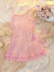 DelicateAllure 加大码性感浪漫情人节可爱薄纱睡裙+丁字裤两件套 - 粉色 - 查看 2