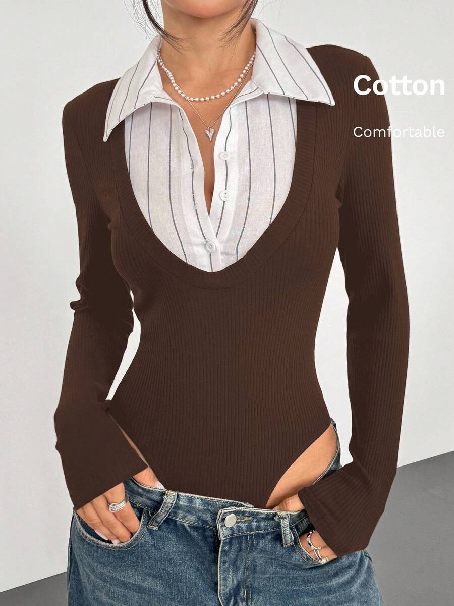 SHEIN EZwear Body tricotat casual maro pentru femei, cu dungi, guler tip patchwork, mânecă lungă, casual