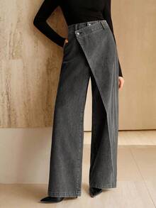 Anewsta 新款女士不对称黑色牛仔裤