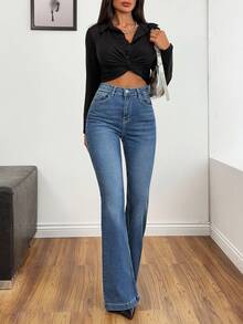 Slim Fit High Waist Flared Comfort Denim Jeans - Baby Blue - View 6