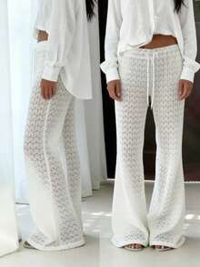 SHEIN LUNE Women's Textured Fabric Hollow-Out Drawstring Loose Casual Pants - White - View 3