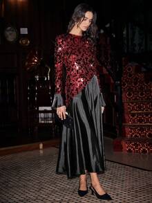 Uhlyne 圆领长袖腰部串珠纯色拼接奢华优雅女士派对礼服 - 酒紅色 - 查看 5