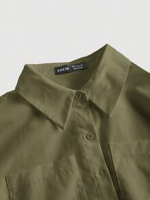 SHEIN MOD Áo sơ mi nữ tay phồng màu trơn, hai túi, dáng ngắn, thích hợp mặc mùa xuân và hè. - xanh quân đội - Xem 3