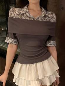 DAZY 女士格子拼接短袖二合一T恤 春夏 - 灰色 - 查看 2