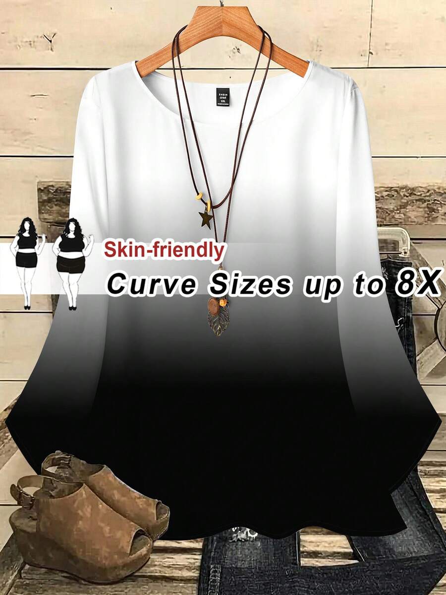 SHEIN CURVE+ Áo sơ mi nữ cổ tròn tay lỡ màu đen trắng in họa tiết chuyển màu cỡ lớn mùa thu đông/2026/Năm mới - Đen và trắng - Xem 1