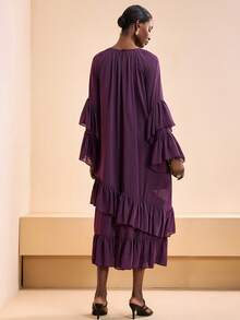 Zivah 2026 女士春夏新款，适合情人节、音乐节、复活节、西部风、游牧风、波西米亚风、纳什维尔风、婚礼、晚宴、约会、聚会等场合，圆领长袖，双层荷叶边袖，前幅褶裥，宽松A字版型，双层荷叶边下摆长裙 - 紫色 - 查看 2