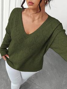 Elenzga Áo len nữ cỡ lớn dáng rộng, khoét lỗ, cổ tròn, vai rớt, chất liệu dệt kim, thích hợp mặc hàng ngày, mùa xuân/thu. - xanh quân đội - Xem 4