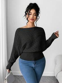 Elenzga Plus Size Batwing Sleeve Drawstring Asymmetrical Knit Sweater, Thick White Pullover Top For Winter Women Sweaters Black Sweater Sweater Top - Black - View 6