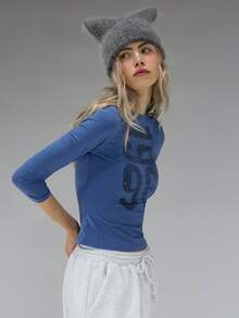 COUREZ Long Sleeve Jersey Top With Front Graphic Print /Y2K Long Sleeve Tops Going Out Tops Women Tops Spring Clothes For Women Blue Top Graphic Tees Women Cute Tops Summer Tops Summer Outfits - Blue - View 5