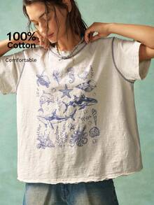 Bohemela Summer Vacation Style Ocean Pattern Knit Round Neck Loose Women T-Shirt - Apricot - View 8