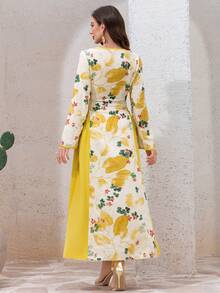 Al Najma 女士印花系带修身连衣裙，度假风 - 黃色 - 查看 2