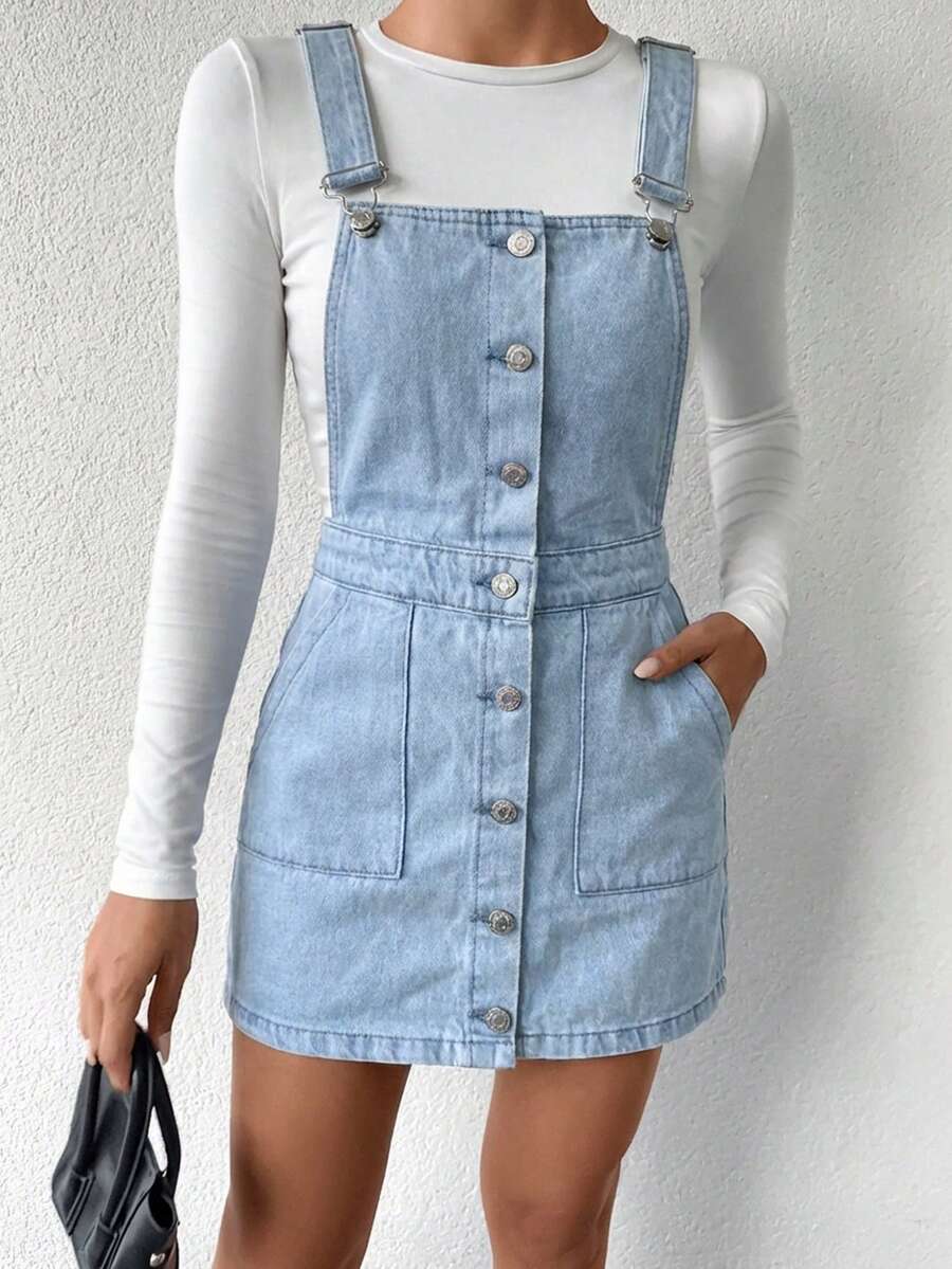 Women's Pocketed Single-Breasted Fashionable Versatile Vacation Travel Denim Jumpsuit Dress - Baby Blue - View 1