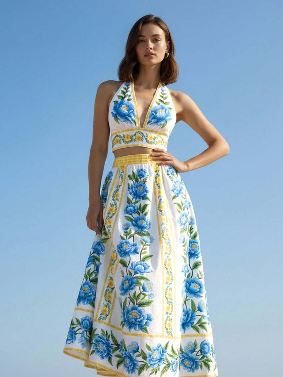 CAJUNI Bộ áo cổ lọ và chân váy midi kiểu dáng giản dị, được trang trí bằng họa tiết khu vườn Địa Trung Hải. - Nhiều màu - Xem 1