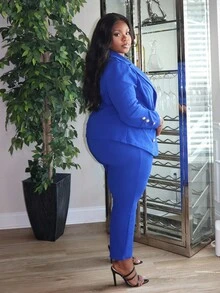 Hourglow 秋冬优雅红色针织翻领纽扣长袖加大码仿皮草外套情人节新年女装 - 寶藍色 - 查看 4