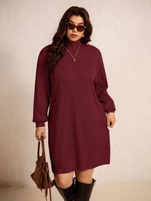 Elaquor 大码纯色高领休闲连衣裙，秋冬款 - 酒紅色 - 查看 4