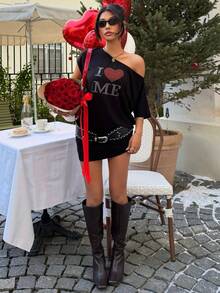 Muchica Đầm ôm sát cơ thể nữ màu đen dệt kim họa tiết trái tim, vai lệch, - màu đen - Xem 5