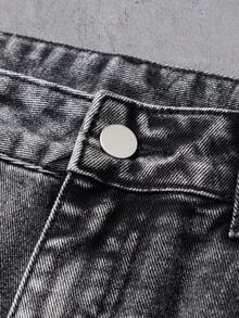 Manfinity Denimwave Men's Casual Distressed Frayed Hem Dark Grey Denim Jeans - Black - View 5