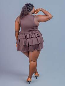 CurvyTilda 大码女式荷叶边下摆短款连衣裙，优雅连衣裙，适合日常、度假、夏季、年轻时尚、Y2K、海滩度假、毕业典礼、生日、派对 - 咖啡棕 - 查看 2