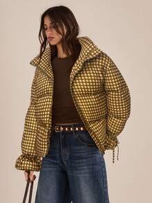 Easelle Vintage lässige, weite, grün karierte, gefütterte Jacke mit Bindung für Frauen, Herbstbekleidung für Damen - Grün - Übersicht 4