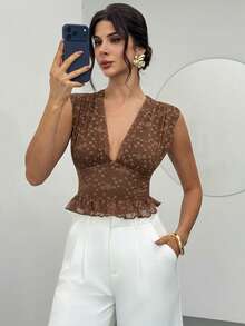 Firerie Women's Elegant Romantic Date Night Brown Lace V-Neck Sleeveless Ruffle Hem Fitted Blouse, Spring/Summer New Ladies Top, Afternoon Tea, Vacation, Graceful Top - Coffee Brown - View 5