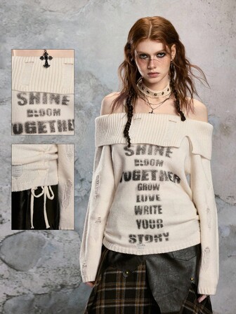 Grunge Punk Suéter holgado de mujer con estampado de logo de letras, tirantes finos y hombros descubiertos, con efecto desgastado y estilo vintage casual