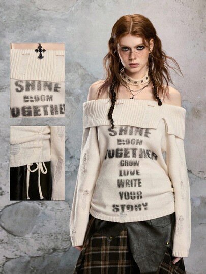 Grunge Punk Women's Vintage Casual Off-Shoulder Distressed Spaghetti Strap Letter Logo Print Pullover Sweater