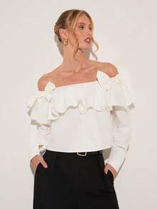 COSMINA Women's Elegant Off-Shoulder Bow Ruffle Trim Blouse, Romantic Date Shirt, Wedding Guest, Long Sleeve Shirt, White Blouse, Suitable For Commuting - White - View 7