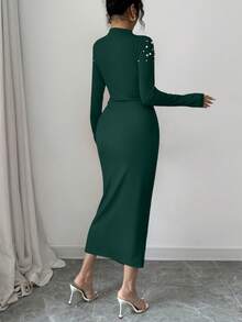 Elenzga Handmade Beaded Pleated Slit Dress For Women - Dark Green - View 2