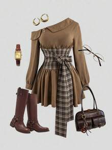 Sweetra 大码格子拼接系带露肩长袖短裙 - 彩色 - 查看 1