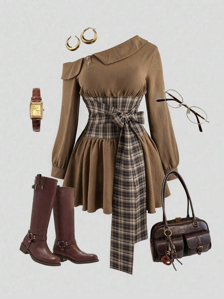 Sweetra 大码格子拼接系带露肩长袖短裙 - 彩色 - 查看 1