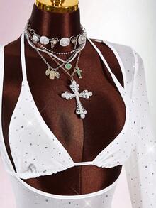 Amplova 2pcs/Set Sequin Detail Sexy Tight Fit Long Sleeve Crop Top & Tight Fit Inverted V Mini Skirt White Two Piece Set Women Sparkly Mesh Two Piece Set Two Piece Skirt Set Sparkly Two Piece Set White 2 Piece Outfit Vacation Outfits Women Y2K Valentine's Day - White - View 3